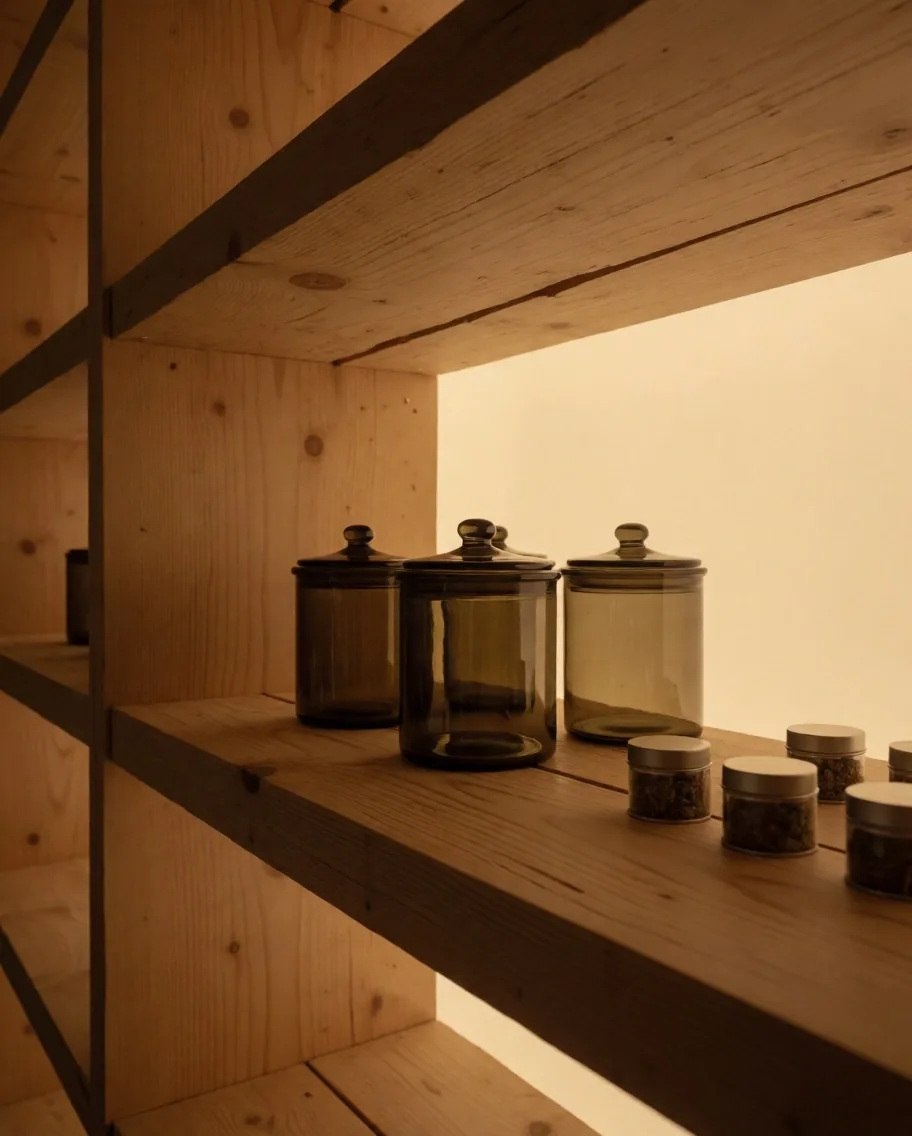 Amber glass supplement tins on pine shelf