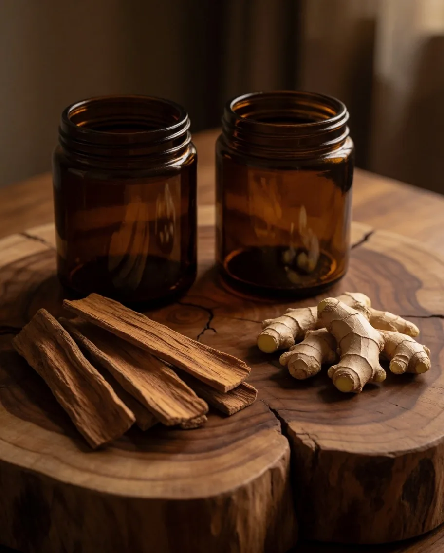 Separated botanical extracts on wood bench