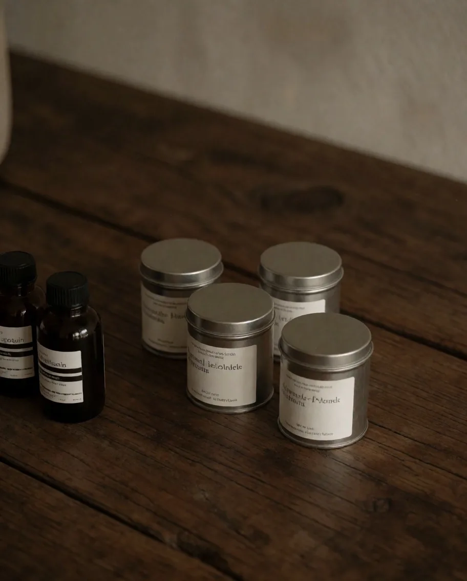 Herbal supplement tins on the preparation bench