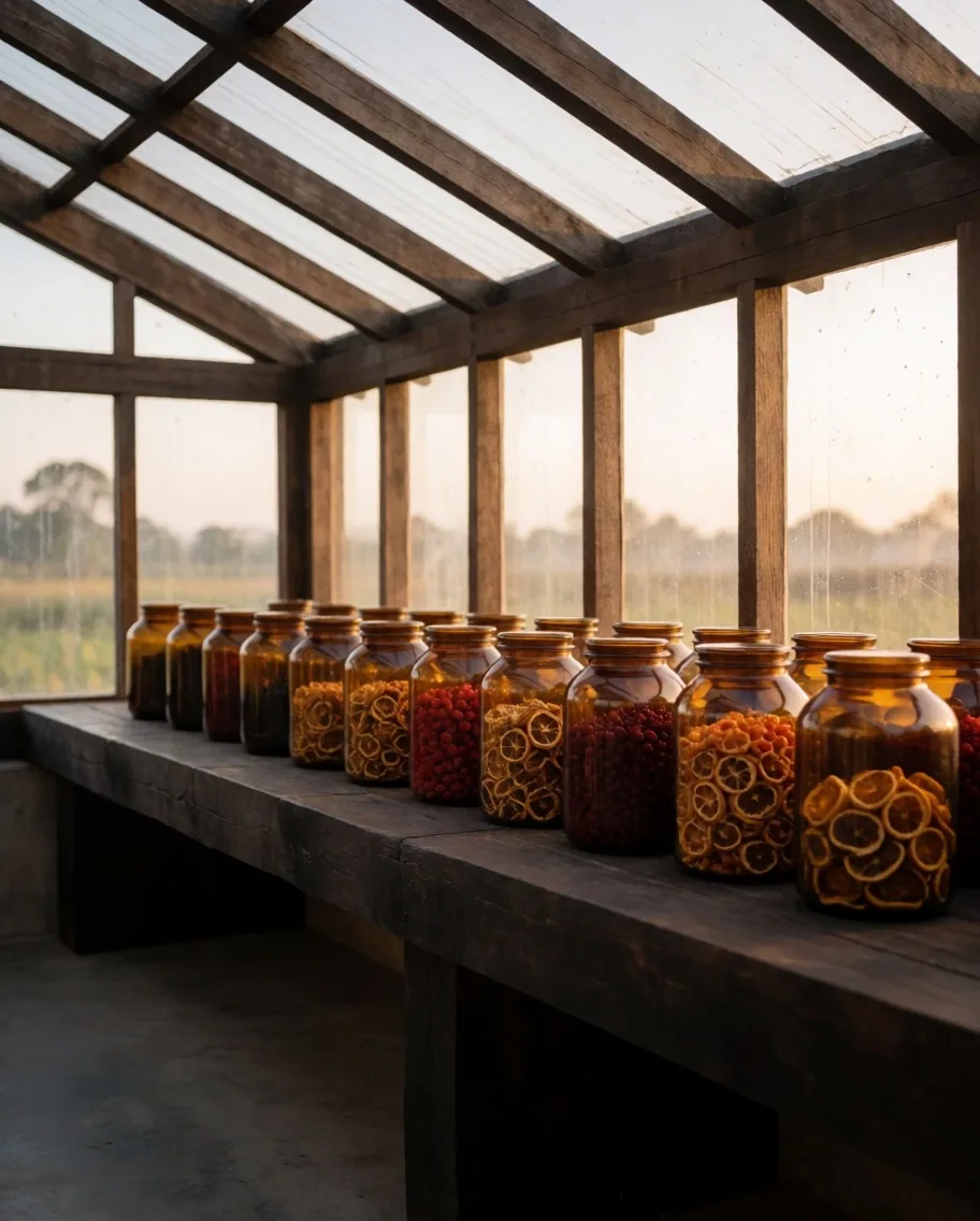 Amber jars with botanical material on a timber bench