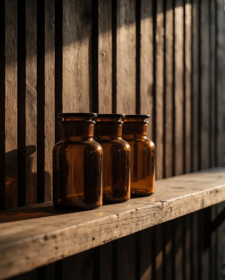 Amber glass formula tins arranged on a pine shelf