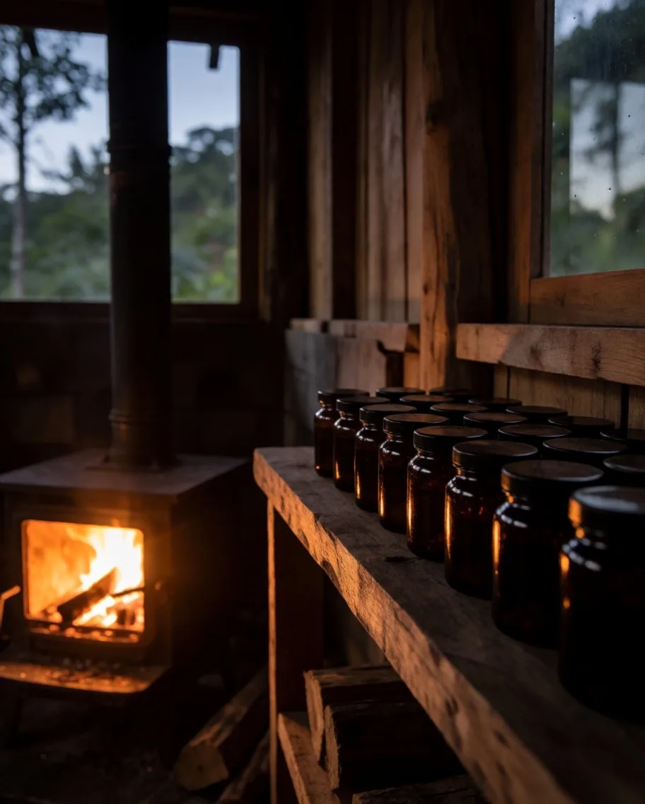 Amber formula bottles on a timber shelf with stove glow
