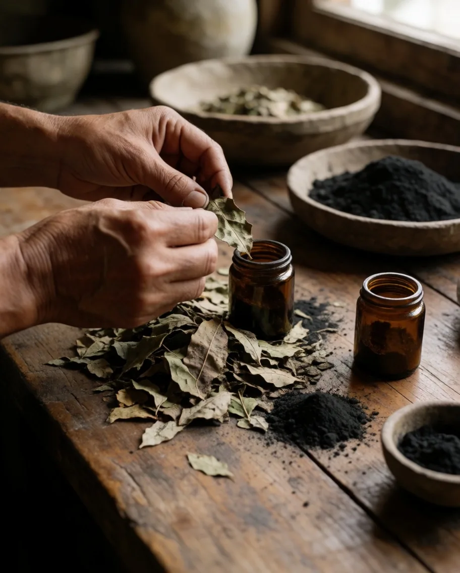Hands preparing herbal formula portions on a timber bench