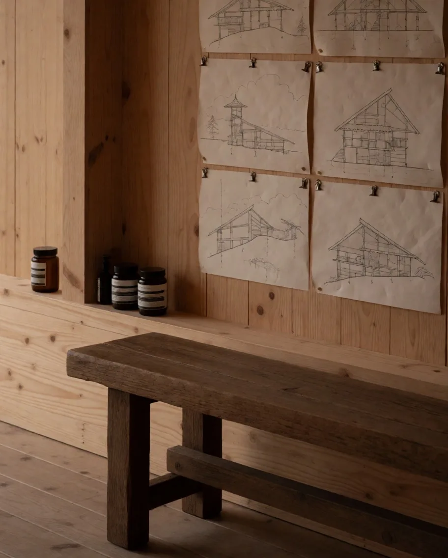 Timber bench with route profiles pinned to the wall