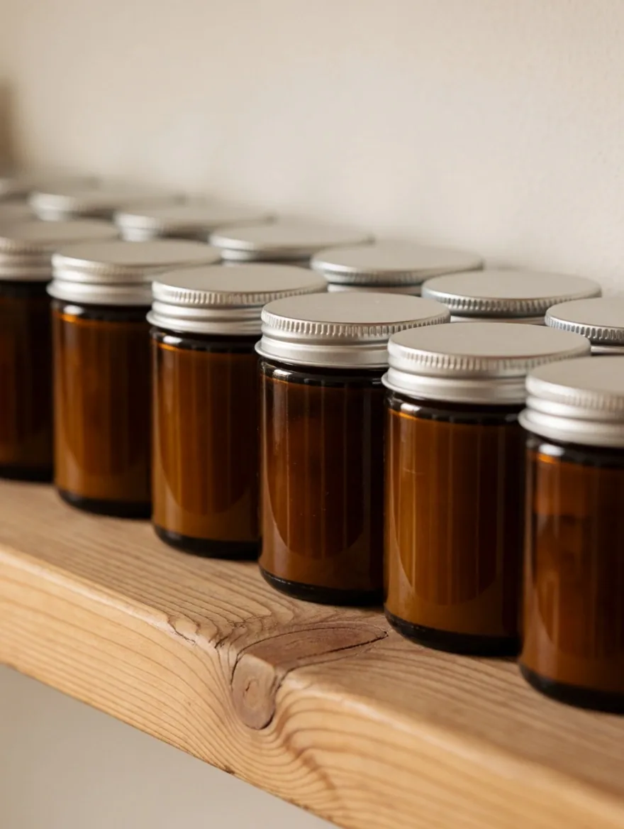 Amber glass tins of mineral supplements on a pine shelf