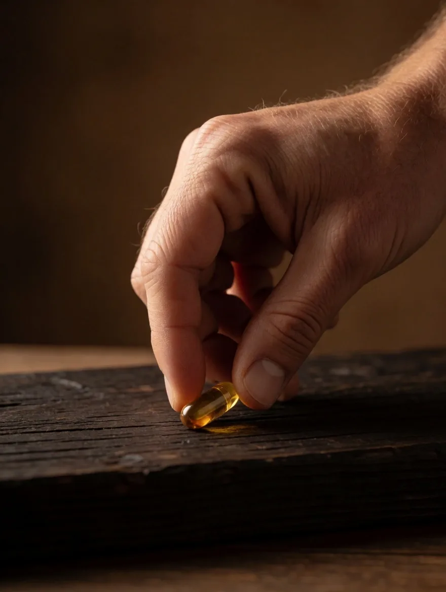Hand placing a natural capsule on a timber bench