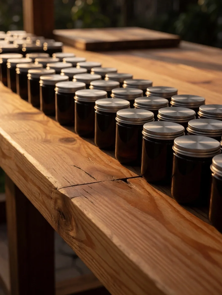 Amber tins with mineral supplements on a bench
