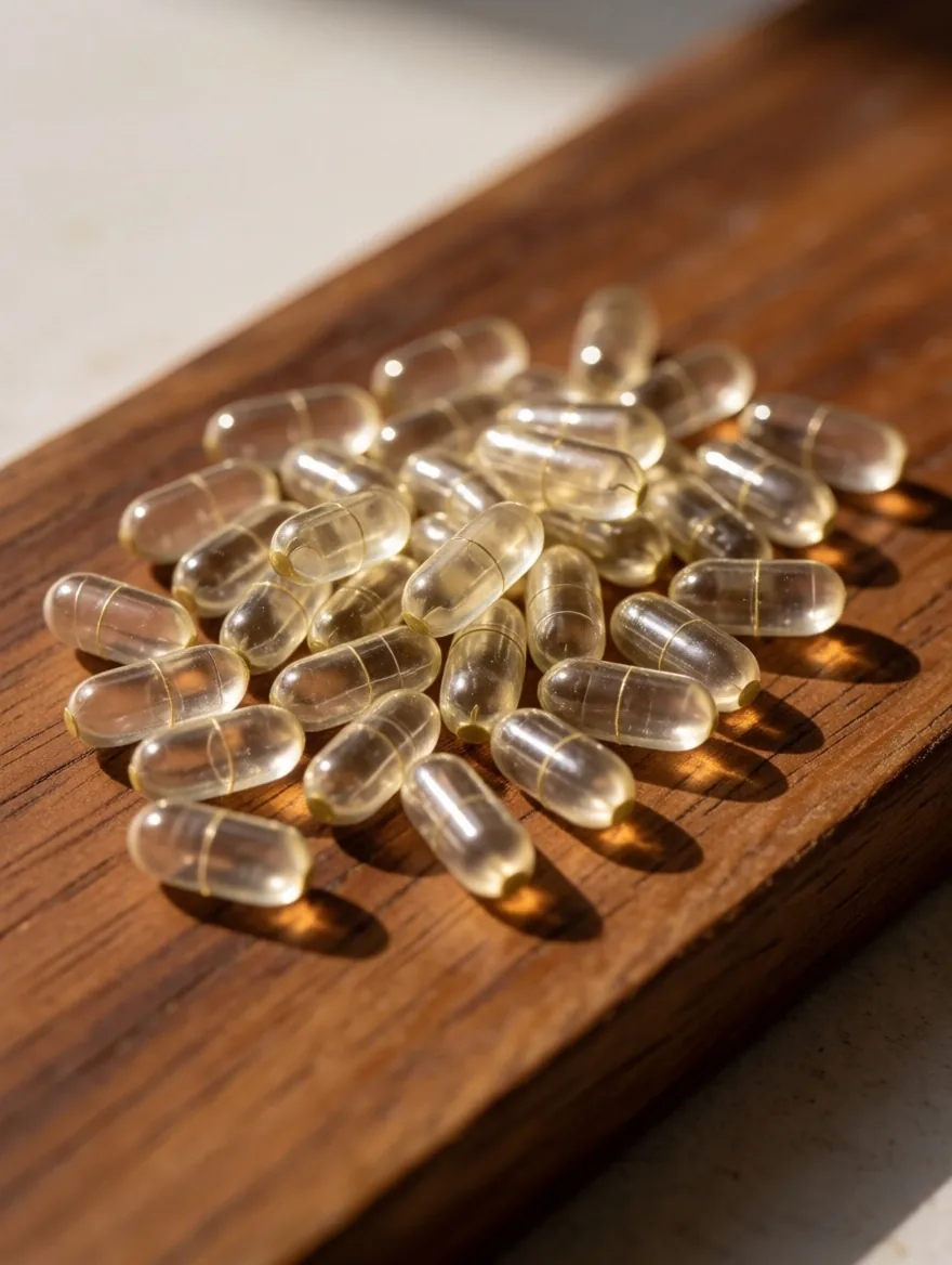 Empty vegetable capsules on timber surface