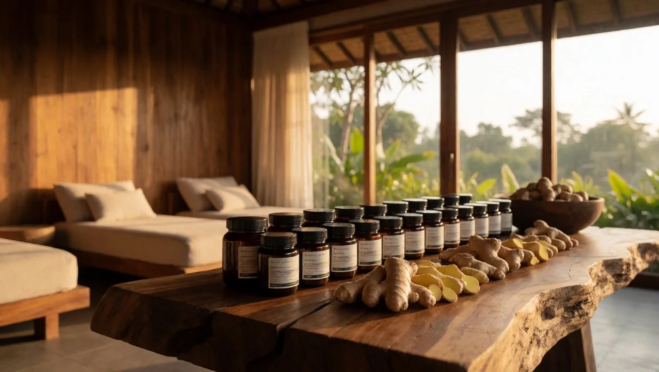 Timber preparation bench with amber supplement tins at dusk