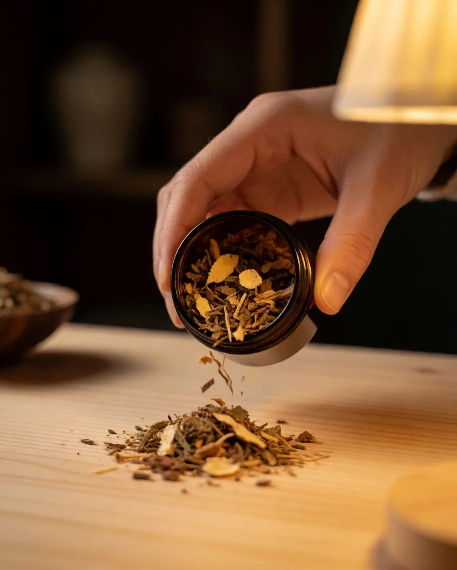 A hand tipping dried herbs from an amber tin onto a pine bench under warm lamplight