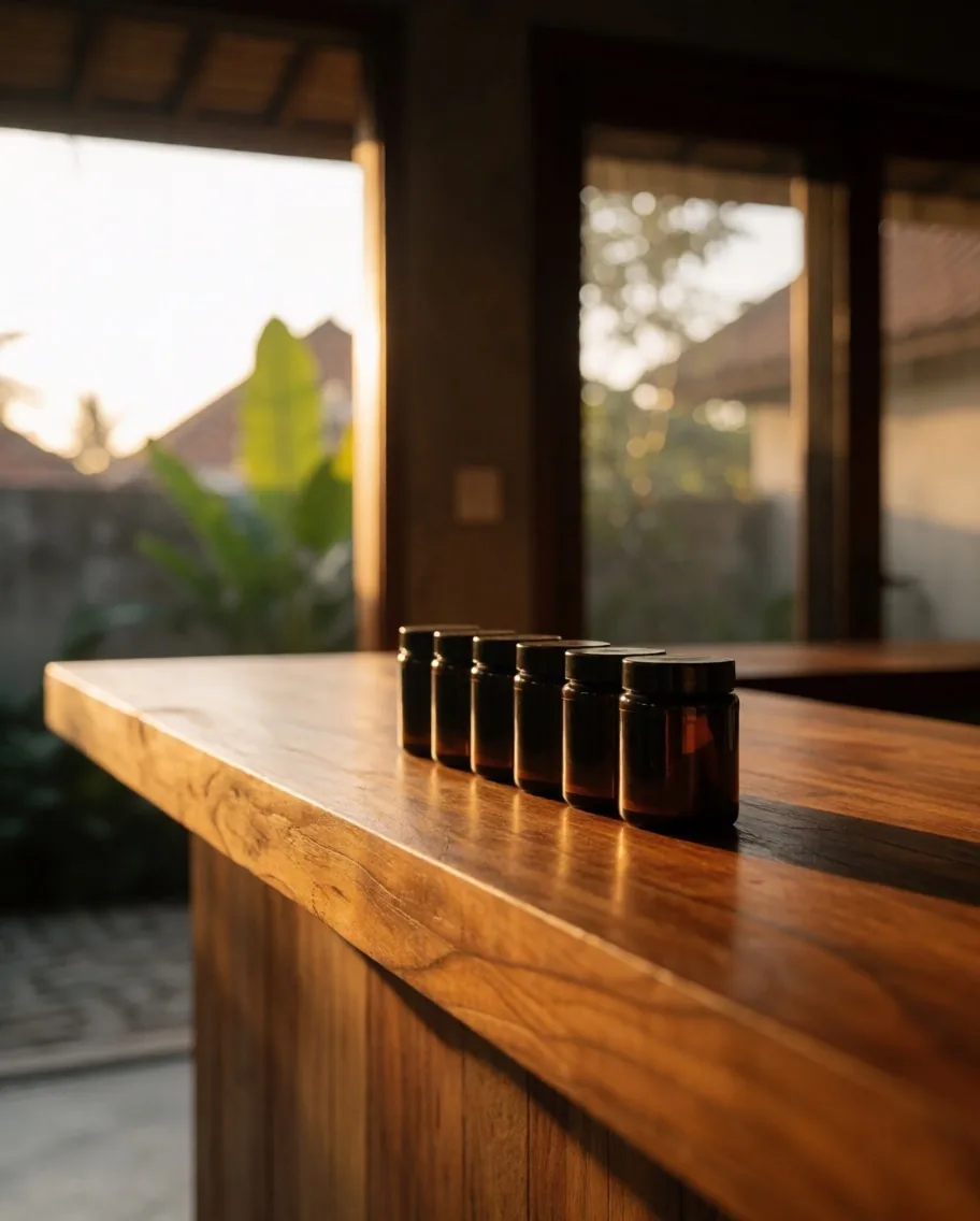 A line of amber tins spaced evenly on a timber bench under warm lamplight