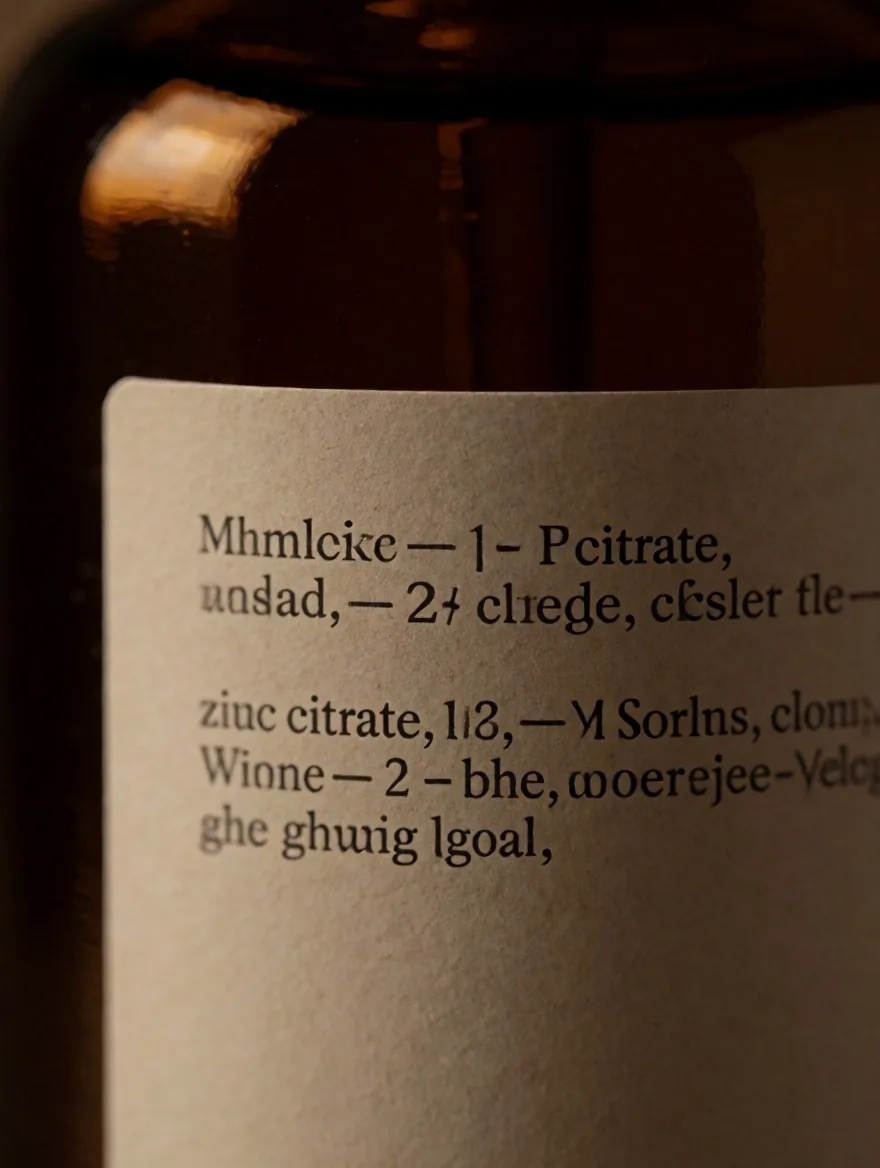 A supplement facts label on an amber glass bottle under warm lamplight