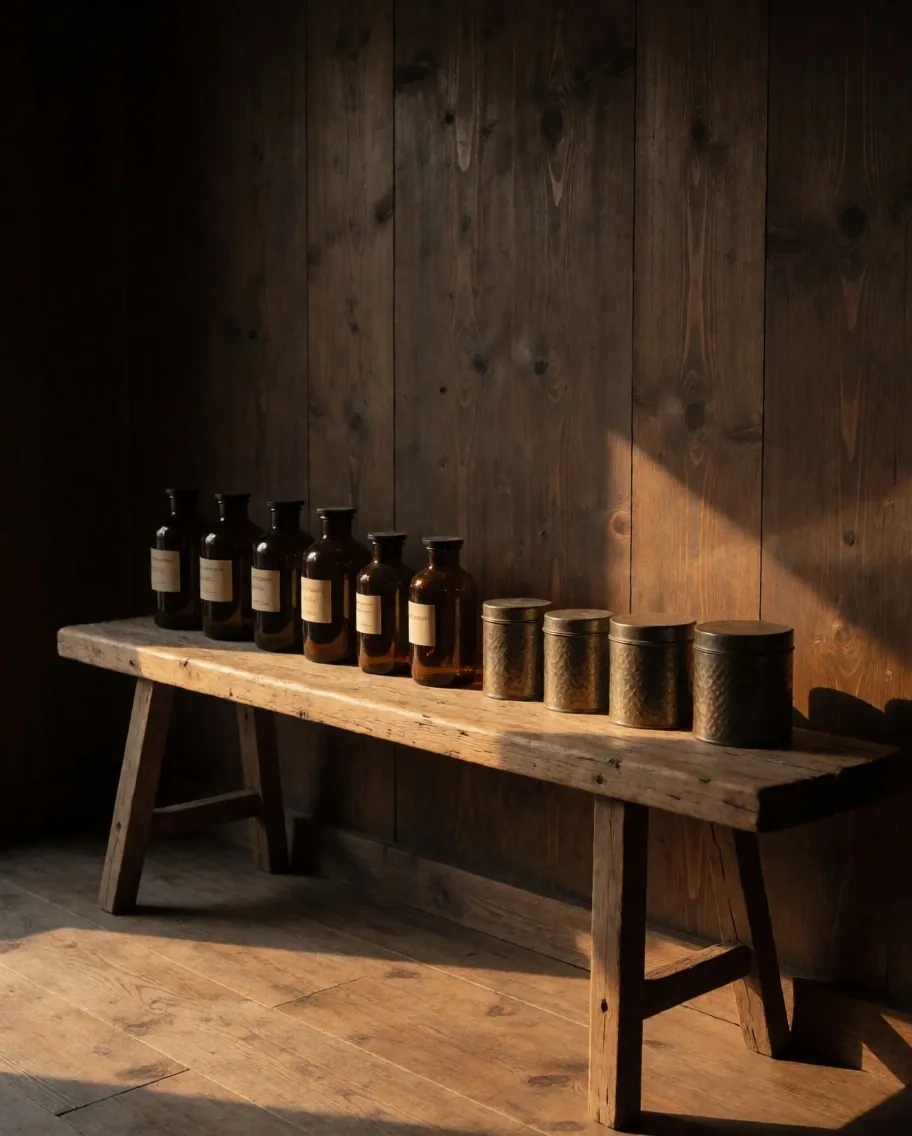 Amber glass bottles and herbal tins arranged on a timber bench under warm lamplight