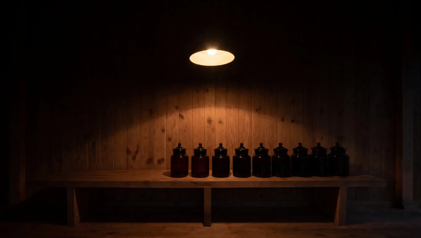 Dusk timber lodge preparation bench with amber glass tins under warm lamp light